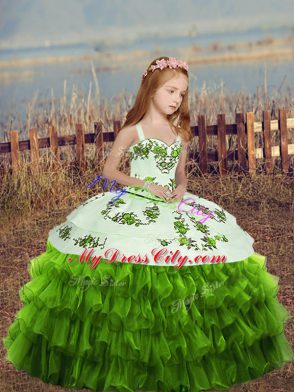 Low Price Green Ball Gowns Straps Sleeveless Organza Floor Length Lace Up Embroidery and Ruffled Layers Pageant Dress for Teens