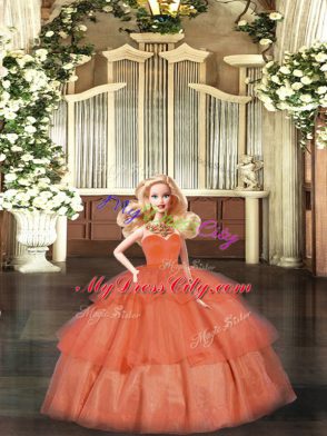 Sleeveless Organza Floor Length Lace Up Quinceanera Gowns in Orange with Ruffled Layers