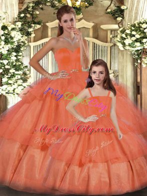 Sleeveless Organza Floor Length Lace Up Quinceanera Gowns in Orange with Ruffled Layers