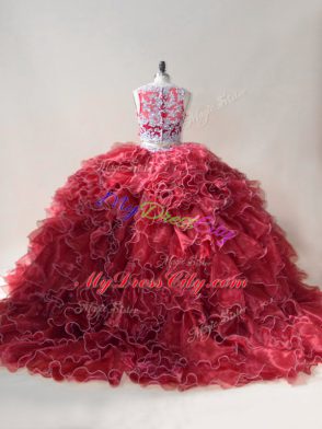 Superior Red Scoop Zipper Beading and Lace and Appliques Sweet 16 Quinceanera Dress Brush Train Sleeveless