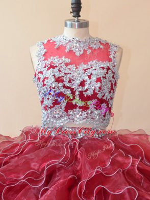 Superior Red Scoop Zipper Beading and Lace and Appliques Sweet 16 Quinceanera Dress Brush Train Sleeveless