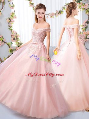 Exquisite Pink A-line Appliques and Belt Bridesmaid Dresses Lace Up Tulle Sleeveless Floor Length