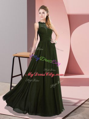 Low Price Olive Green Chiffon Zipper Scoop Sleeveless Floor Length Cocktail Dresses Lace