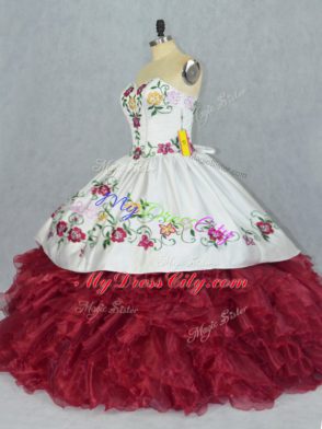 Sumptuous Floor Length White And Red Ball Gown Prom Dress Organza Sleeveless Embroidery and Ruffles