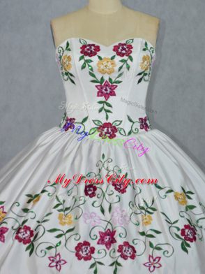 Sumptuous Floor Length White And Red Ball Gown Prom Dress Organza Sleeveless Embroidery and Ruffles