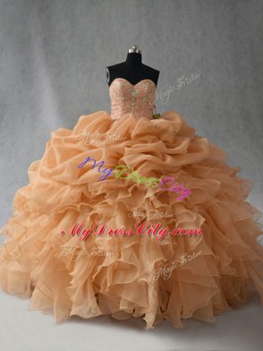 Gold Sweetheart Lace Up Beading and Ruffles and Pick Ups Sweet 16 Quinceanera Dress Sleeveless