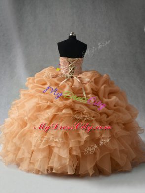 Gold Sweetheart Lace Up Beading and Ruffles and Pick Ups Sweet 16 Quinceanera Dress Sleeveless