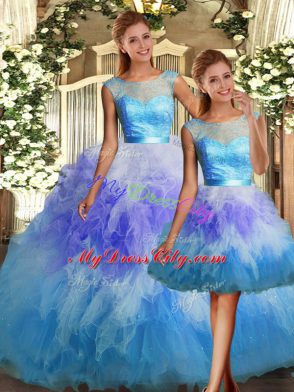 Vintage Lace and Ruffles Sweet 16 Quinceanera Dress Multi-color Backless Sleeveless Floor Length