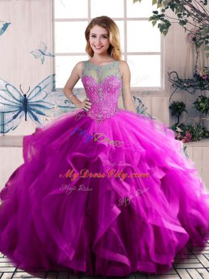 Best Selling Sleeveless Floor Length Beading and Ruffles Lace Up 15th Birthday Dress with Purple