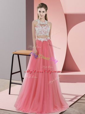 Perfect Floor Length Watermelon Red Court Dresses for Sweet 16 Tulle Sleeveless Lace