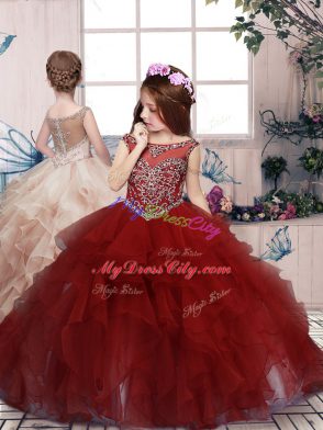 Customized Scoop Sleeveless Quinceanera Gown Floor Length Beading and Ruffles Burgundy Organza