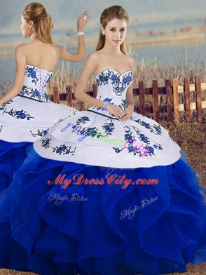 Edgy Royal Blue Sweetheart Lace Up Embroidery and Ruffles and Bowknot Vestidos de Quinceanera Sleeveless