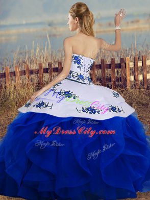 Edgy Royal Blue Sweetheart Lace Up Embroidery and Ruffles and Bowknot Vestidos de Quinceanera Sleeveless