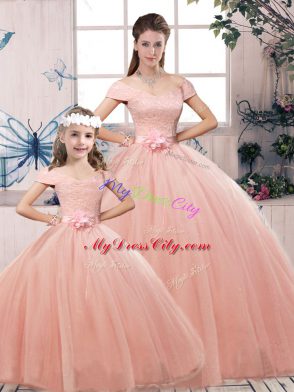 Amazing Pink Lace Up Off The Shoulder Lace and Hand Made Flower 15th Birthday Dress Tulle Short Sleeves