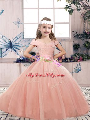 Amazing Pink Lace Up Off The Shoulder Lace and Hand Made Flower 15th Birthday Dress Tulle Short Sleeves