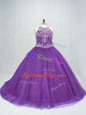 Stunning Purple Sleeveless Beading Lace Up 15th Birthday Dress