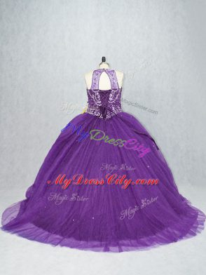 Stunning Purple Sleeveless Beading Lace Up 15th Birthday Dress