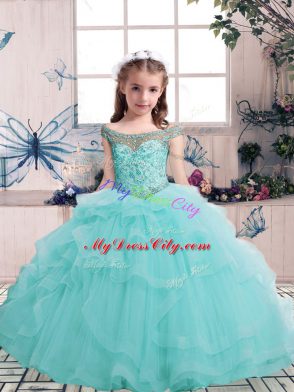 Hot Sale Beading Evening Gowns Aqua Blue Lace Up Sleeveless Floor Length