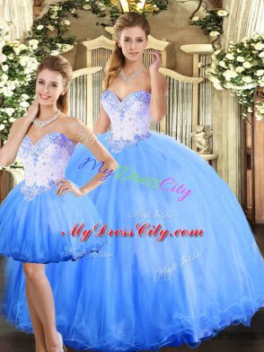 Blue Sleeveless Floor Length Beading Lace Up Sweet 16 Dress