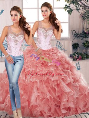 Watermelon Red Two Pieces Scoop Sleeveless Organza Floor Length Clasp Handle Beading and Ruffles Quince Ball Gowns