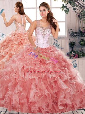 Watermelon Red Two Pieces Scoop Sleeveless Organza Floor Length Clasp Handle Beading and Ruffles Quince Ball Gowns