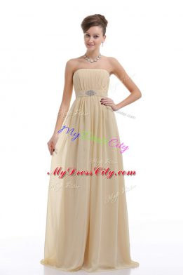 Light Yellow Chiffon Lace Up Strapless Sleeveless Party Dress Wholesale Beading and Ruching