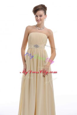 Light Yellow Chiffon Lace Up Strapless Sleeveless Party Dress Wholesale Beading and Ruching