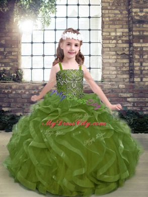 Sleeveless Floor Length Beading and Ruffles Lace Up Pageant Dress for Teens with Olive Green