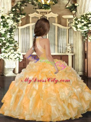 Inexpensive Gold Pageant Gowns For Girls Prom and Sweet 16 and Wedding Party with Beading and Ruffles Halter Top Sleeveless Backless