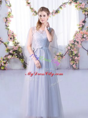 Captivating Sleeveless Tulle Floor Length Lace Up Bridesmaid Dresses in Grey with Lace