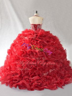 Lace Up 15 Quinceanera Dress Red for Sweet 16 and Quinceanera with Beading and Ruffles Brush Train