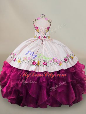 Fantastic Ball Gowns Sweet 16 Quinceanera Dress Fuchsia Halter Top Organza Sleeveless Floor Length Lace Up