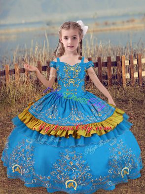 Off The Shoulder Sleeveless Girls Pageant Dresses Floor Length Beading and Embroidery Baby Blue Satin