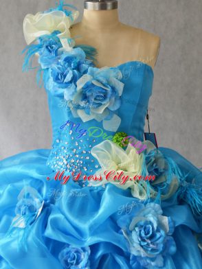 One Shoulder Sleeveless Lace Up Quinceanera Gown Baby Blue Organza