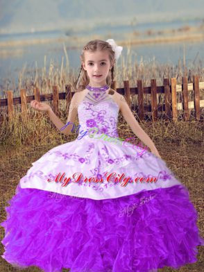 Halter Top Sleeveless Pageant Gowns For Girls Floor Length Beading and Embroidery and Ruffles Lavender Organza