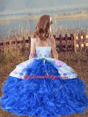 Halter Top Sleeveless Pageant Gowns For Girls Floor Length Beading and Embroidery and Ruffles Lavender Organza