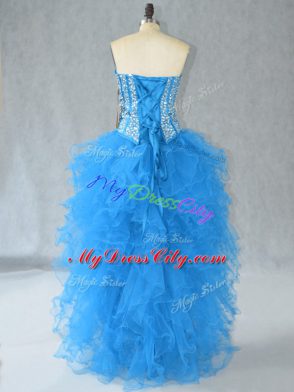 Aqua Blue A-line Beading and Ruffles Prom Party Dress Lace Up Organza Sleeveless High Low