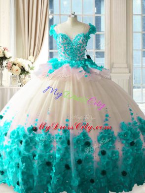 Blue And White Tulle Zipper 15th Birthday Dress Sleeveless Brush Train Hand Made Flower