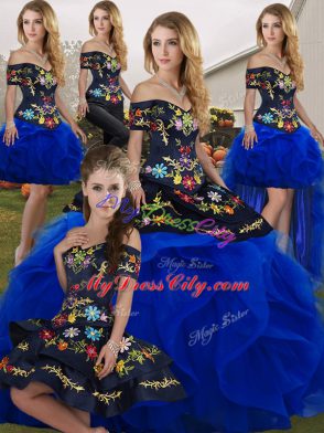 High Class Royal Blue Tulle Lace Up Off The Shoulder Sleeveless Floor Length 15th Birthday Dress Embroidery and Ruffles