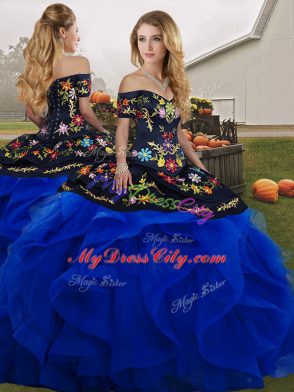 High Class Royal Blue Tulle Lace Up Off The Shoulder Sleeveless Floor Length 15th Birthday Dress Embroidery and Ruffles