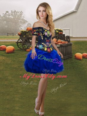 High Class Royal Blue Tulle Lace Up Off The Shoulder Sleeveless Floor Length 15th Birthday Dress Embroidery and Ruffles