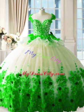 Green Scoop Zipper Hand Made Flower Quinceanera Dress Brush Train Sleeveless