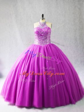 Lilac Tulle Lace Up Sweet 16 Dress Sleeveless Brush Train Beading