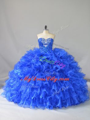 Low Price Royal Blue Sleeveless Ruffles and Sequins Floor Length Sweet 16 Dress