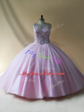 Fitting Baby Pink Ball Gowns Scoop Sleeveless Tulle Floor Length Lace Up Beading Ball Gown Prom Dress