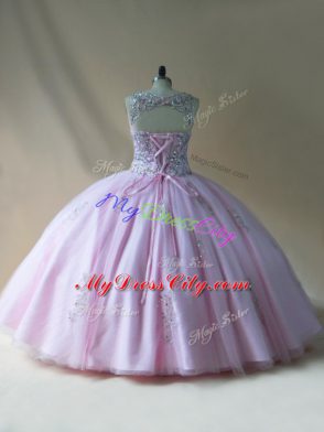 Fitting Baby Pink Ball Gowns Scoop Sleeveless Tulle Floor Length Lace Up Beading Ball Gown Prom Dress