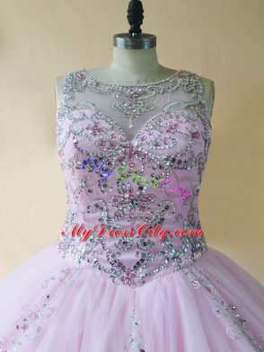 Fitting Baby Pink Ball Gowns Scoop Sleeveless Tulle Floor Length Lace Up Beading Ball Gown Prom Dress