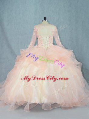 Best Selling Peach Long Sleeves Tulle Lace Up Quince Ball Gowns for Sweet 16 and Quinceanera