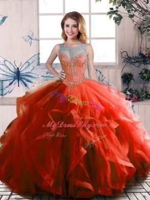 Delicate Rust Red Ball Gowns Beading and Ruffles 15th Birthday Dress Lace Up Tulle Sleeveless Floor Length