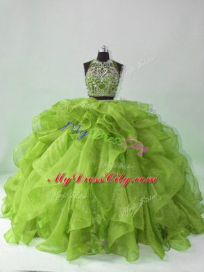 Sleeveless Beading and Ruffles Backless 15 Quinceanera Dress with Green Brush Train